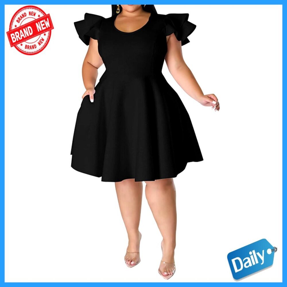 Plus Size Flutter Sleeve Swing Dress with Pockets Elegant Cocktail Party Wear